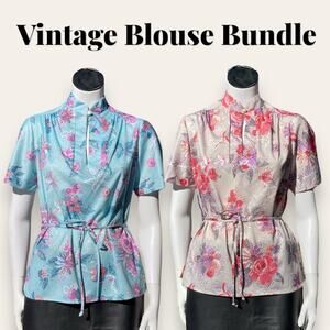 2 70s VTG Sears small polyester blouses w/ pixelated floral pattern